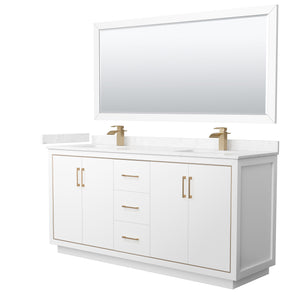 Icon 72 Inch Double Bathroom Vanity in White Carrara Cultured Marble Countertop Undermount Square Sinks Satin Bronze Trim 70 Inch Mirror