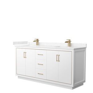 Icon 72 Inch Double Bathroom Vanity in White Carrara Cultured Marble Countertop Undermount Square Sinks Satin Bronze Trim