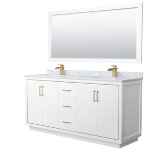 Icon 72 Inch Double Bathroom Vanity in White White Carrara Marble Countertop Undermount Square Sinks Satin Bronze Trim 70 Inch Mirror