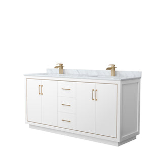 Icon 72 Inch Double Bathroom Vanity in White White Carrara Marble Countertop Undermount Square Sinks Satin Bronze Trim