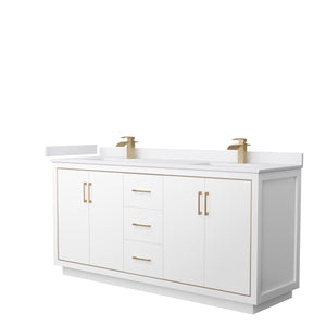 Icon 72 Inch Double Bathroom Vanity in White White Cultured Marble Countertop Undermount Square Sinks Satin Bronze Trim