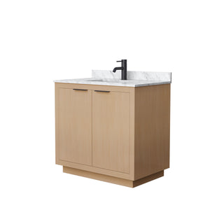 Maroni 36 Inch Single Bathroom Vanity in Light Straw White Carrara Marble Countertop Undermount Square Sink Matte Black Trim