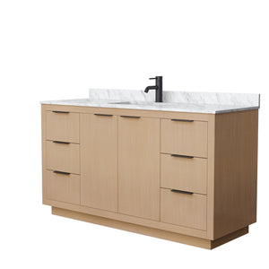 Maroni 60 Inch Single Bathroom Vanity in Light Straw White Carrara Marble Countertop Undermount Square Sink Matte Black Trim