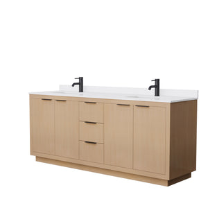 Maroni 80 Inch Double Bathroom Vanity in Light Straw White Cultured Marble Countertop Undermount Square Sinks Matte Black Trim