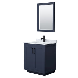 Miranda 30 Inch Single Bathroom Vanity in Dark Blue White Carrara Marble Countertop Undermount Square Sink Matte Black Trim 24 Inch Mirror