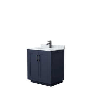 Miranda 30 Inch Single Bathroom Vanity in Dark Blue White Carrara Marble Countertop Undermount Square Sink Matte Black Trim