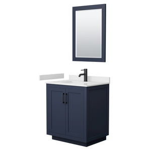 Miranda 30 Inch Single Bathroom Vanity in Dark Blue White Cultured Marble Countertop Undermount Square Sink Matte Black Trim 24 Inch Mirror