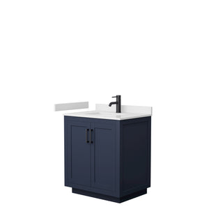 Miranda 30 Inch Single Bathroom Vanity in Dark Blue White Cultured Marble Countertop Undermount Square Sink Matte Black Trim