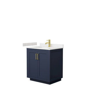 Miranda 30 Inch Single Bathroom Vanity in Dark Blue Carrara Cultured Marble Countertop Undermount Square Sink Brushed Gold Trim