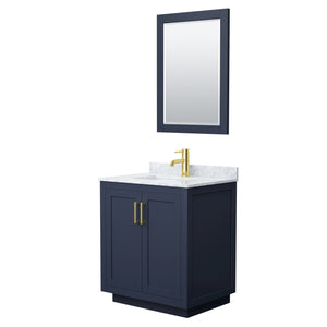 Miranda 30 Inch Single Bathroom Vanity in Dark Blue White Carrara Marble Countertop Undermount Square Sink Brushed Gold Trim 24 Inch Mirror
