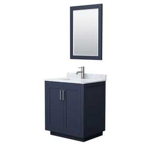 Miranda 30 Inch Single Bathroom Vanity in Dark Blue White Carrara Marble Countertop Undermount Square Sink Brushed Nickel Trim 24 Inch Mirror