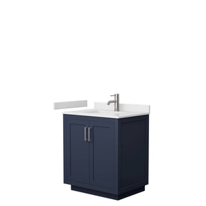 Miranda 30 Inch Single Bathroom Vanity in Dark Blue White Cultured Marble Countertop Undermount Square Sink Brushed Nickel Trim
