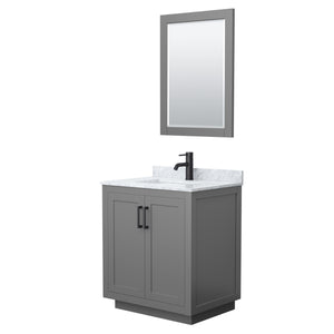 Miranda 30 Inch Single Bathroom Vanity in Dark Gray White Carrara Marble Countertop Undermount Square Sink Matte Black Trim 24 Inch Mirror