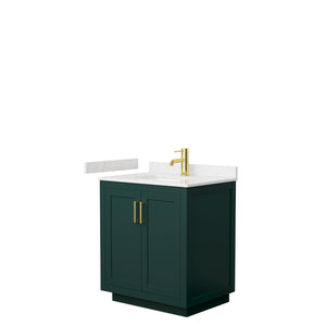 Miranda 30 Inch Single Bathroom Vanity in Green Carrara Cultured Marble Countertop Undermount Square Sink Brushed Gold Trim