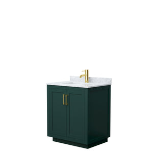 Miranda 30 Inch Single Bathroom Vanity in Green White Carrara Marble Countertop Undermount Square Sink Brushed Gold Trim