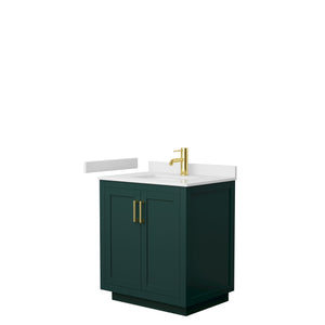 Miranda 30 Inch Single Bathroom Vanity in Green White Cultured Marble Countertop Undermount Square Sink Brushed Gold Trim