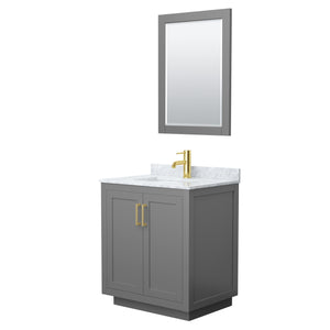 Miranda 30 Inch Single Bathroom Vanity in Dark Gray White Carrara Marble Countertop Undermount Square Sink Brushed Gold Trim 24 Inch Mirror