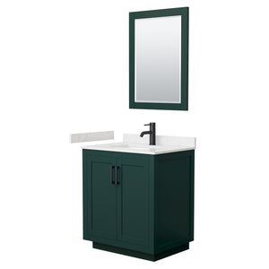Miranda 30 Inch Single Bathroom Vanity in Green Carrara Cultured Marble Countertop Undermount Square Sink Matte Black Trim 24 Inch Mirror