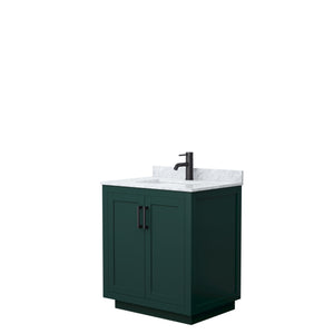 Miranda 30 Inch Single Bathroom Vanity in Green White Carrara Marble Countertop Undermount Square Sink Matte Black Trim