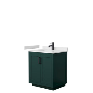 Miranda 30 Inch Single Bathroom Vanity in Green White Cultured Marble Countertop Undermount Square Sink Matte Black Trim