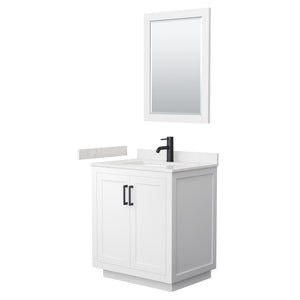 Miranda 30 Inch Single Bathroom Vanity in White Carrara Cultured Marble Countertop Undermount Square Sink Matte Black Trim 24 Inch Mirror