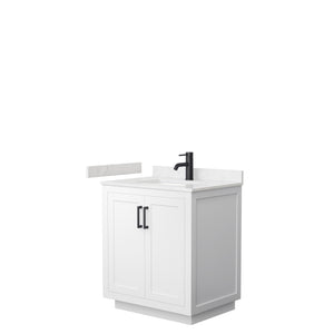 Miranda 30 Inch Single Bathroom Vanity in White Carrara Cultured Marble Countertop Undermount Square Sink Matte Black Trim