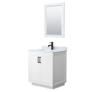 Miranda 30 Inch Single Bathroom Vanity in White White Carrara Marble Countertop Undermount Square Sink Matte Black Trim 24 Inch Mirror