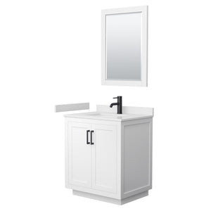 Miranda 30 Inch Single Bathroom Vanity in White White Cultured Marble Countertop Undermount Square Sink Matte Black Trim 24 Inch Mirror