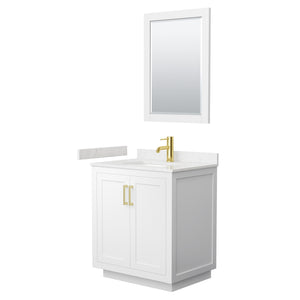 Miranda 30 Inch Single Bathroom Vanity in White Carrara Cultured Marble Countertop Undermount Square Sink Brushed Gold Trim 24 Inch Mirror