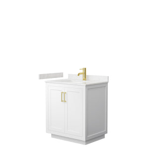 Miranda 30 Inch Single Bathroom Vanity in White Carrara Cultured Marble Countertop Undermount Square Sink Brushed Gold Trim