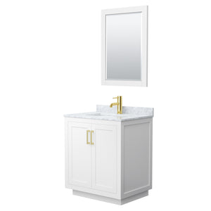 Miranda 30 Inch Single Bathroom Vanity in White White Carrara Marble Countertop Undermount Square Sink Brushed Gold Trim 24 Inch Mirror
