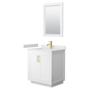 Miranda 30 Inch Single Bathroom Vanity in White White Cultured Marble Countertop Undermount Square Sink Brushed Gold Trim 24 Inch Mirror