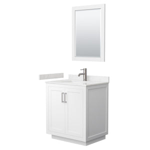 Miranda 30 Inch Single Bathroom Vanity in White Carrara Cultured Marble Countertop Undermount Square Sink Brushed Nickel Trim 24 Inch Mirror