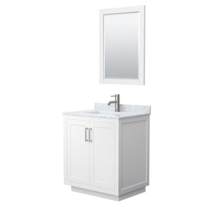 Miranda 30 Inch Single Bathroom Vanity in White White Carrara Marble Countertop Undermount Square Sink Brushed Nickel Trim 24 Inch Mirror