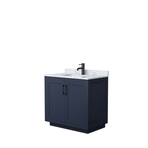 Miranda 36 Inch Single Bathroom Vanity in Dark Blue White Carrara Marble Countertop Undermount Square Sink Matte Black Trim