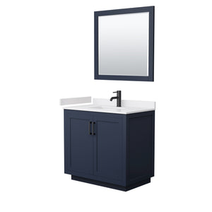 Miranda 36 Inch Single Bathroom Vanity in Dark Blue White Cultured Marble Countertop Undermount Square Sink Matte Black Trim 34 Inch Mirror