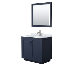 Miranda 36 Inch Single Bathroom Vanity in Dark Blue White Carrara Marble Countertop Undermount Square Sink Brushed Nickel Trim 34 Inch Mirror