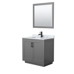 Miranda 36 Inch Single Bathroom Vanity in Dark Gray White Carrara Marble Countertop Undermount Square Sink Matte Black Trim 34 Inch Mirror