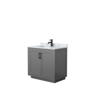 Miranda 36 Inch Single Bathroom Vanity in Dark Gray White Carrara Marble Countertop Undermount Square Sink Matte Black Trim
