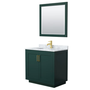 Miranda 36 Inch Single Bathroom Vanity in Green White Carrara Marble Countertop Undermount Square Sink Brushed Gold Trim 34 Inch Mirror