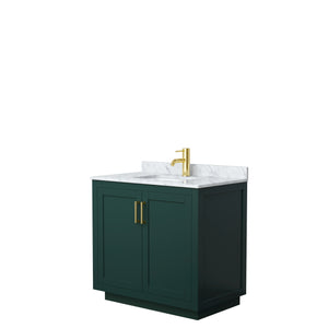 Miranda 36 Inch Single Bathroom Vanity in Green White Carrara Marble Countertop Undermount Square Sink Brushed Gold Trim