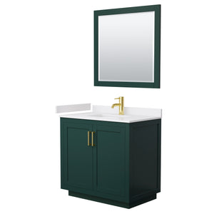 Miranda 36 Inch Single Bathroom Vanity in Green White Cultured Marble Countertop Undermount Square Sink Brushed Gold Trim 34 Inch Mirror