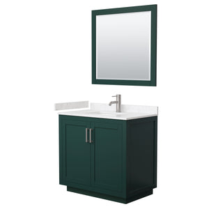Miranda 36 Inch Single Bathroom Vanity in Green Carrara Cultured Marble Countertop Undermount Square Sink Brushed Nickel Trim 34 Inch Mirror