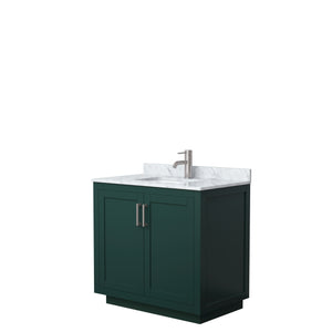 Miranda 36 Inch Single Bathroom Vanity in Green White Carrara Marble Countertop Undermount Square Sink Brushed Nickel Trim