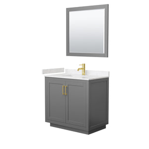 Miranda 36 Inch Single Bathroom Vanity in Dark Gray Carrara Cultured Marble Countertop Undermount Square Sink Brushed Gold Trim 34 Inch Mirror