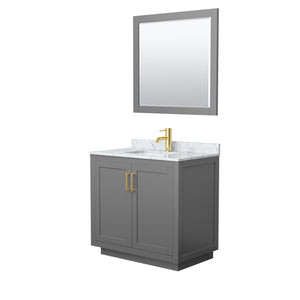 Miranda 36 Inch Single Bathroom Vanity in Dark Gray White Carrara Marble Countertop Undermount Square Sink Brushed Gold Trim 34 Inch Mirror