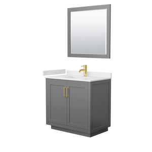 Miranda 36 Inch Single Bathroom Vanity in Dark Gray White Cultured Marble Countertop Undermount Square Sink Brushed Gold Trim 34 Inch Mirror