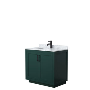 Miranda 36 Inch Single Bathroom Vanity in Green White Carrara Marble Countertop Undermount Square Sink Matte Black Trim