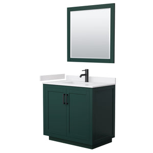 Miranda 36 Inch Single Bathroom Vanity in Green White Cultured Marble Countertop Undermount Square Sink Matte Black Trim 34 Inch Mirror