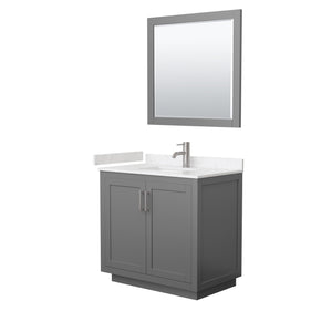 Miranda 36 Inch Single Bathroom Vanity in Dark Gray Carrara Cultured Marble Countertop Undermount Square Sink Brushed Nickel Trim 34 Inch Mirror
